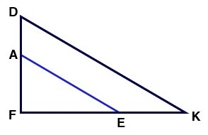 Given DA = 14, A F = 21, KE = x, and EF = 15. What must the value of x be in order-example-1