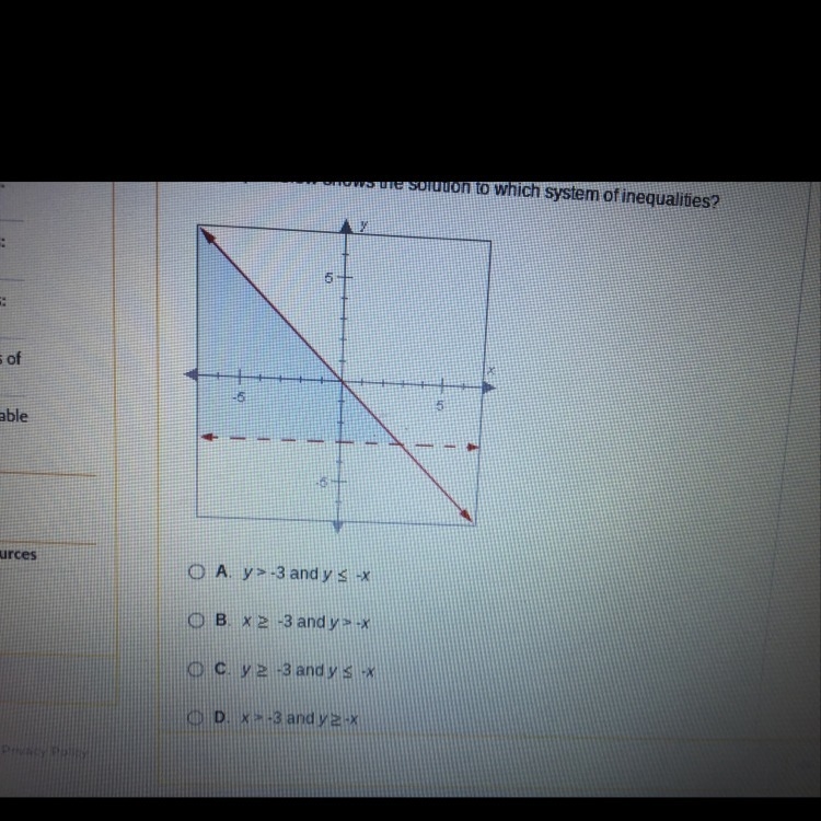 The graph below shows the solution to which system of inequalities-example-1