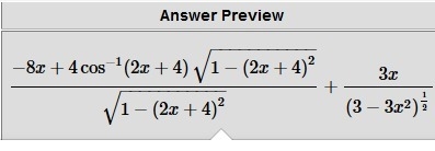 I need help solving this problem. 4x cos ^(-1) (2x+4)- \sqrt{3-3 x^(2) }, find f'(x-example-1