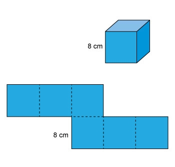 Look at this cube and its net. Cube with one side labeled 8 centimeters. Net of the-example-1