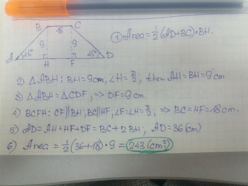 What is the area of an isosceles trapezoid, if its shorter base has length of 18 cm-example-1