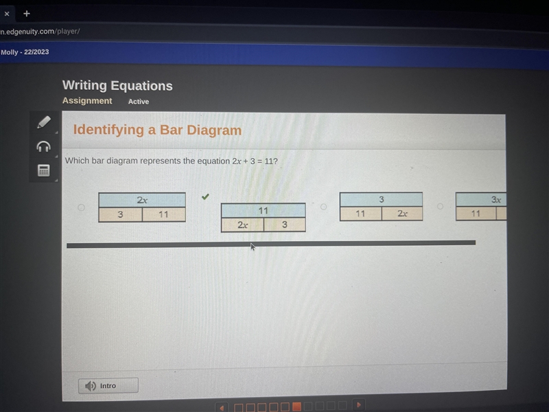 the model below represents the equation 2x + 3 = 11. What is the first step in finding-example-1