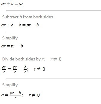 Solve this equation for r: ar + b = p. r=-example-1