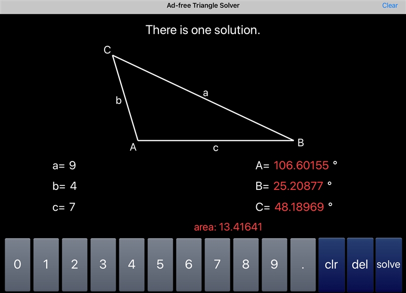 A triangle has side lengths 4, 7 and 9. What is the measure of the angle across from-example-1