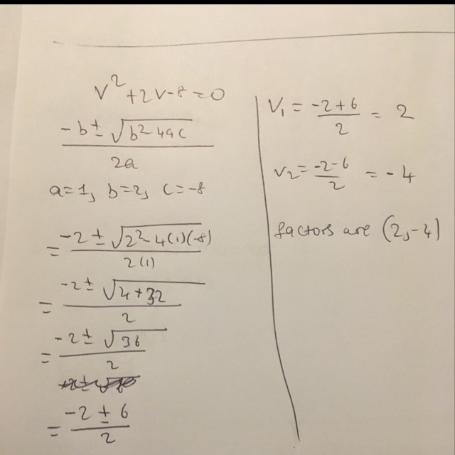 Solve the equation using the quadratic formula v squared +2v-8=0-example-1