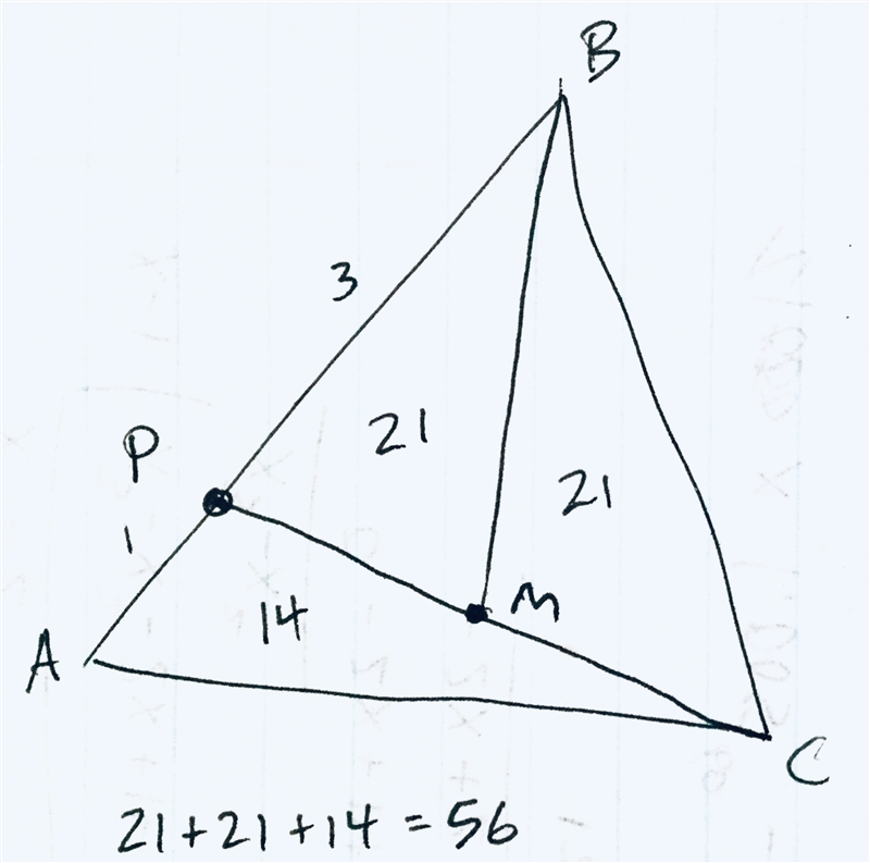 In △ABC, point P∈ AB is so that AP:BP=1:3 and point M is the midpoint of segment CP-example-1