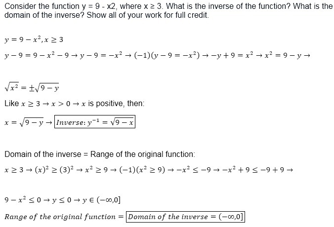 Consider the function y = 9 - x2, where x ≥ 3. What is the inverse of the function-example-1