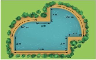 the diagram shows an artificial lake. When Amanda jogged twice around the lake she-example-1