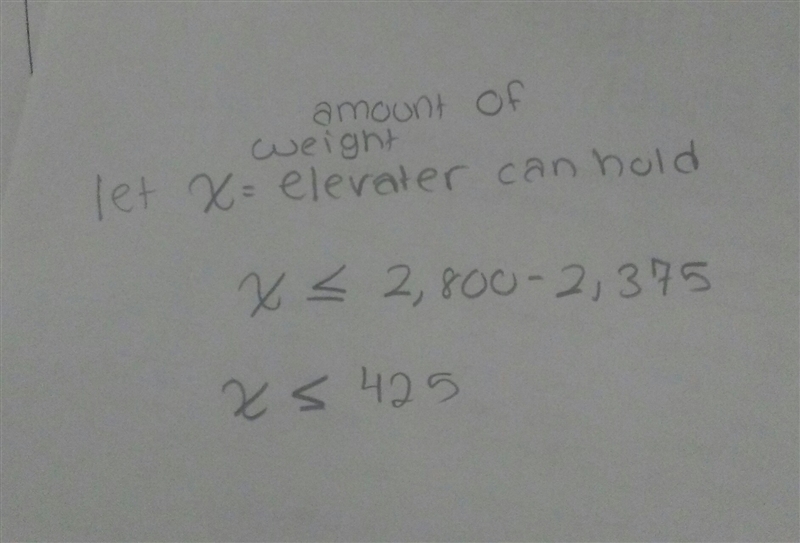 An elevator can hold 2,800 pounds or less. Write and solve an inequality that describes-example-1