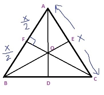 In equilateral ΔABC, AD, BE, and CF are medians. If FO = 4, then AE = A) 4 B) 4 3 C-example-1