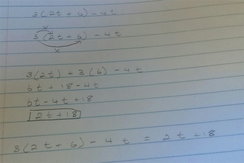 Expression equivalent to 3(2t + 6 )-4t-example-1