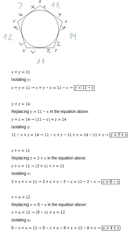 PLEASE HELP 15 POINTS Pentagon RSTUV is circumscribed about a circle. Solve for x-example-1