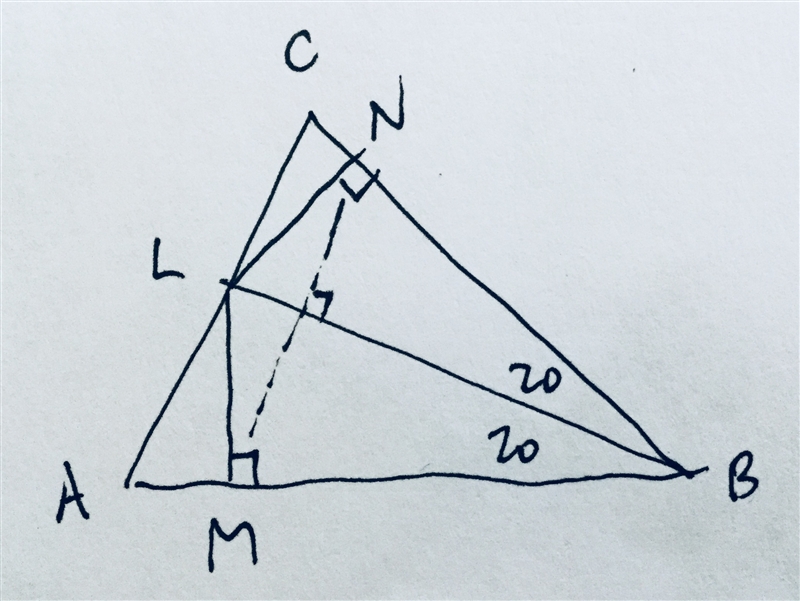 In △ABC, m∠ABC=40°, BL (L∈ AC ) is the angle bisector of ∠B. Point M∈ AB so that LM-example-1