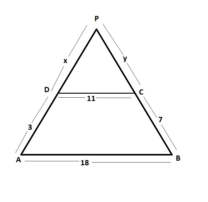 In a trapezoid the lengths of bases are 11 and 18. The lengths of legs are 3 and 7. The-example-1