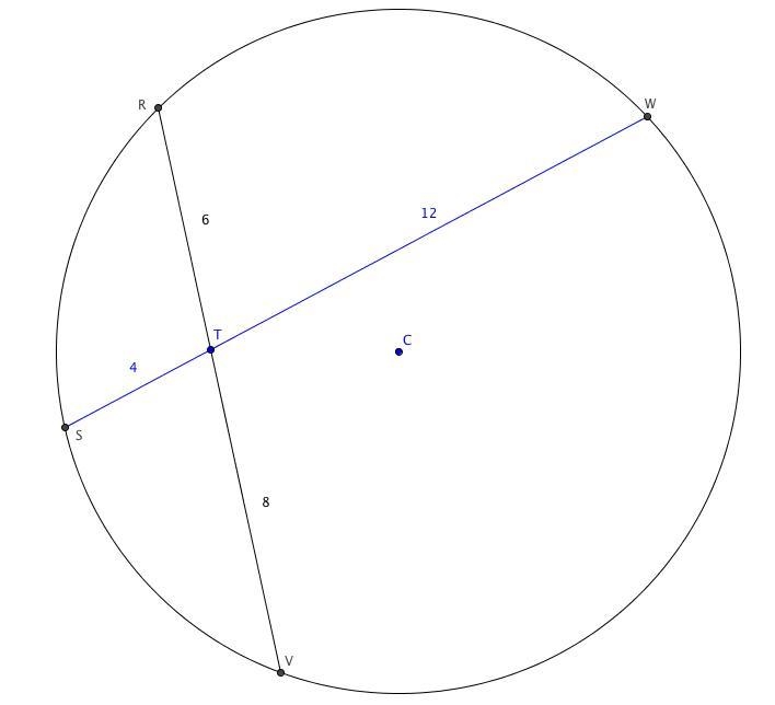 In the circle above, RV and SW are chords which intersect at point T. If ST = 4 ft-example-1