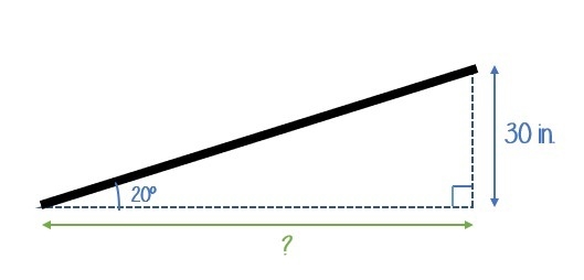 The ramp rises 20° from the ground and a vertical distance of 30 inches. How much-example-1