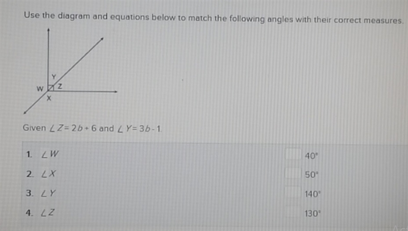 Use the diagram and equations below to match the following angles with their correct-example-1