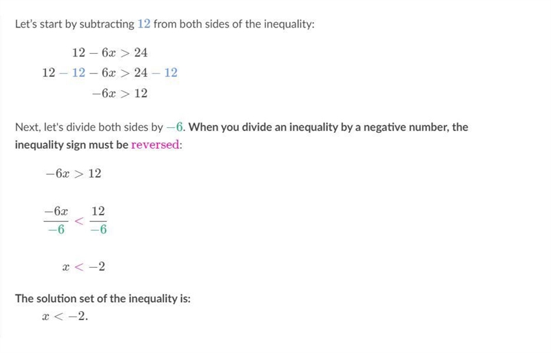 Find the solution set of the inequality 12-6x>24-example-1