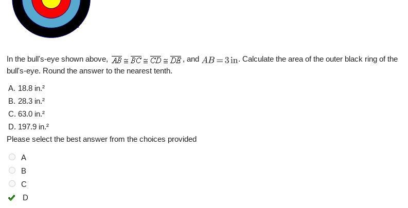 In the bull's-eye shown above, /, and /. Calculate the area of the red ring of the-example-1