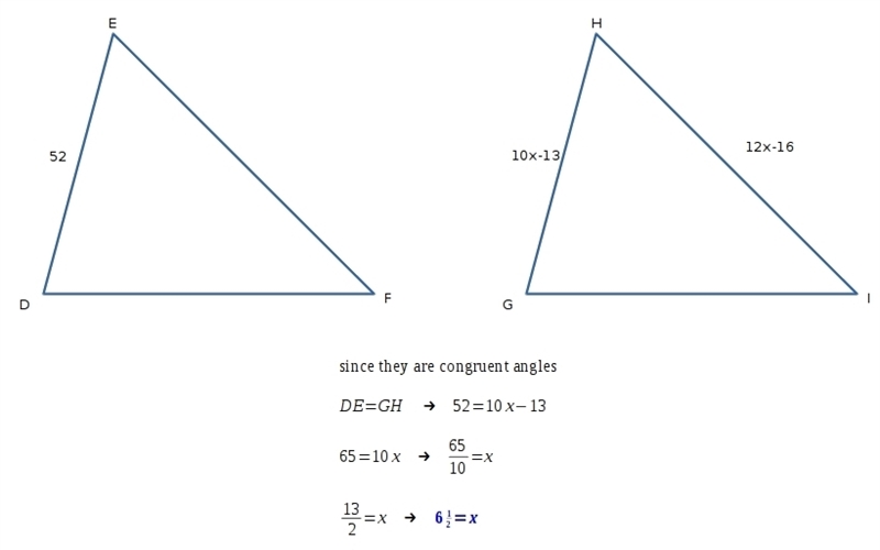 Triangle DEF is congruent to triangle GHI. Side DE measures 52. Side GH measures 10x-example-1