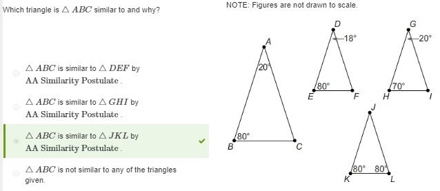 Which triangle is ​△ABC​ similar to and why? △ABC is similar to △DEF by ​ AA Similarity-example-1