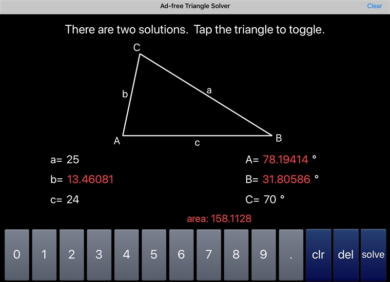 Find all solutions for a triangle with c=70 c=24 and a=25-example-2