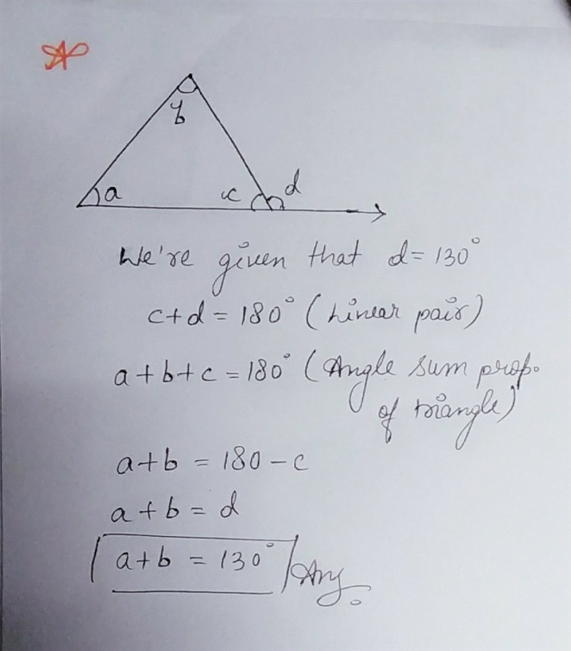 If the exterior angle of a triangle measure 130° what is the sum of the non-adjacent-example-1