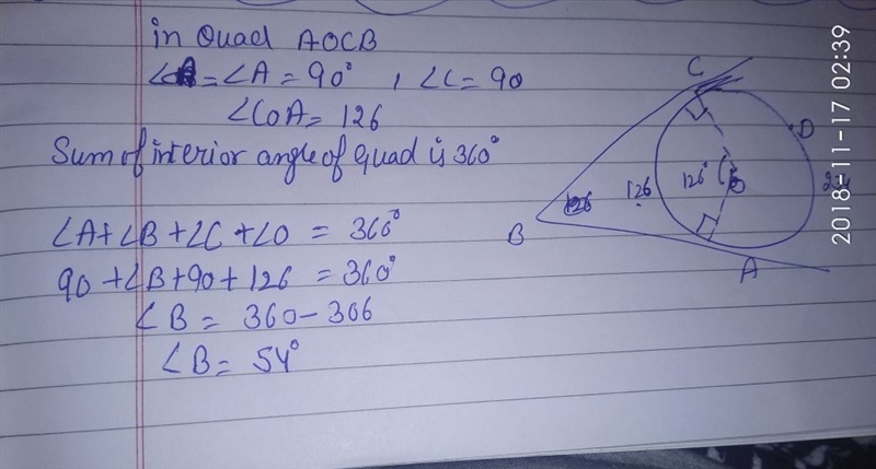 In the diagram below, AB and BC are tangent to O. What is the measure of angle B? APEX-example-1