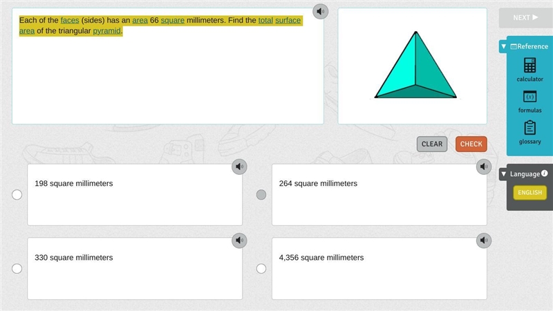 Each of the faces (sides) has an area 66 square millimeters. Find the total surface-example-1