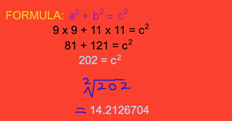 Find ths hypotenuse of a trianglewith a base of 11cm and a height of 9cm-example-1