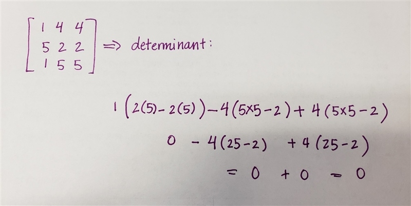 Evaluate the determinant for the following matrix: 144 522 155 A. 125 B. 200 C. 0 D-example-1