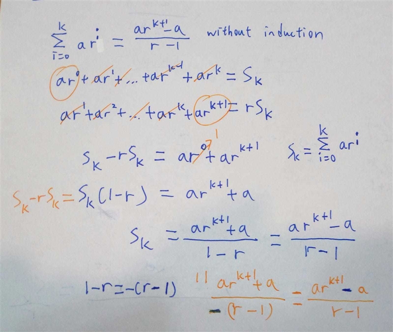 Proving summation without using induction I don't understand the part after (r-1)(ar-example-1