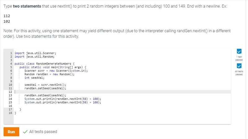 Type two statements that use nextint() to print 2 random integers between (and including-example-1