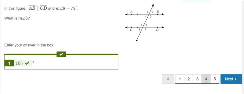 In this figure, AB¯¯¯¯¯∥CD¯¯¯¯¯ and m∠6=75°. What is m∠3?-example-1