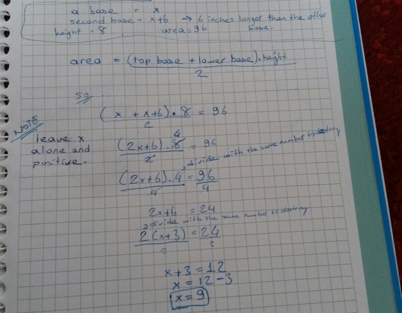 The height of a trapezoid is 8 in. and its area is 96 inches square. One base of the-example-1