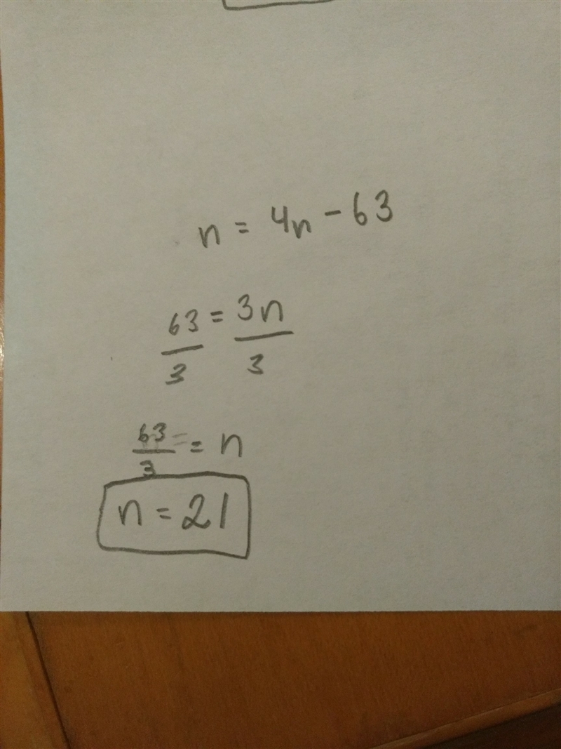 63 less than four times a number is equal to the number. what is the number?-example-1