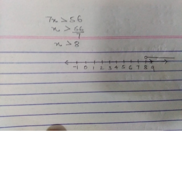 7x > 56 please simplify and use innumber line.-example-1