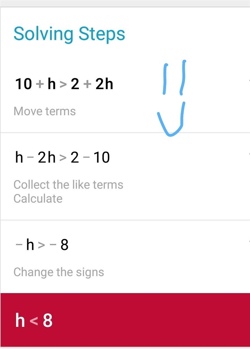 Explain the steps when solving 10 + h > 2 + 2h.-example-1