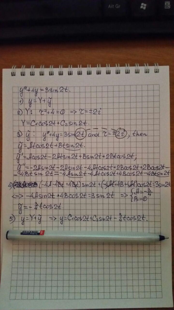 Find the general solution of the differential equation y'' +4y = 3sin2t-example-1