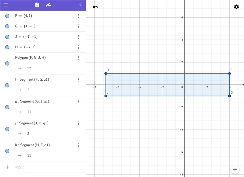 On a coordinate graph, points F (4,1), G (4,-1), H (-7,1) and J (-7,-1) are the vertices-example-1