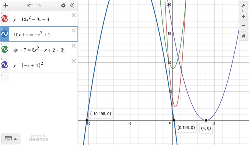 y = 12x2 - 9x + 4 how many real solution 10x + y = -x2 + 2 how many real solution-example-1