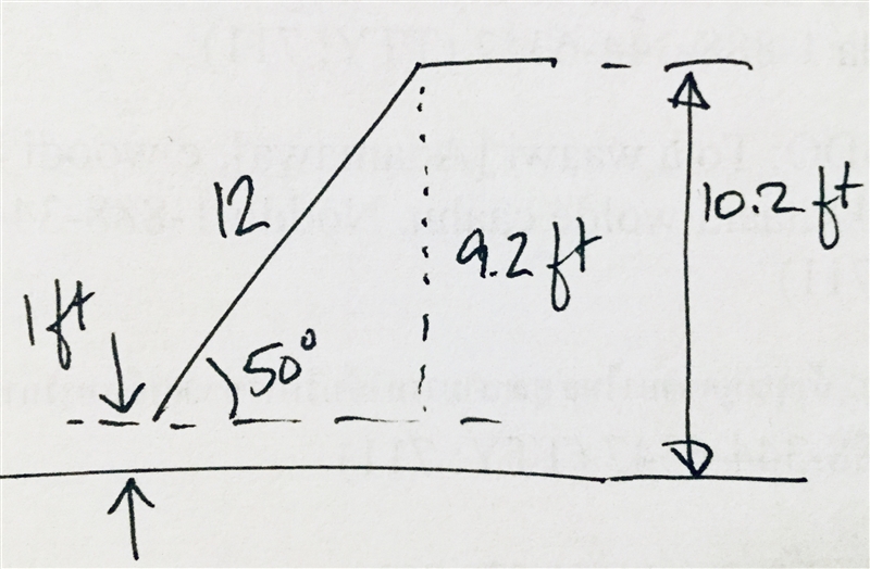 Max is installing a 12-ft swimming pool slide at a 50° angle of elevation. The bottom-example-1