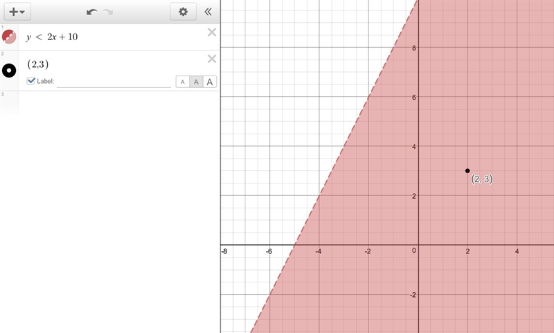 Is the point (2,3) a solution for the inequality y<2x+10-example-1