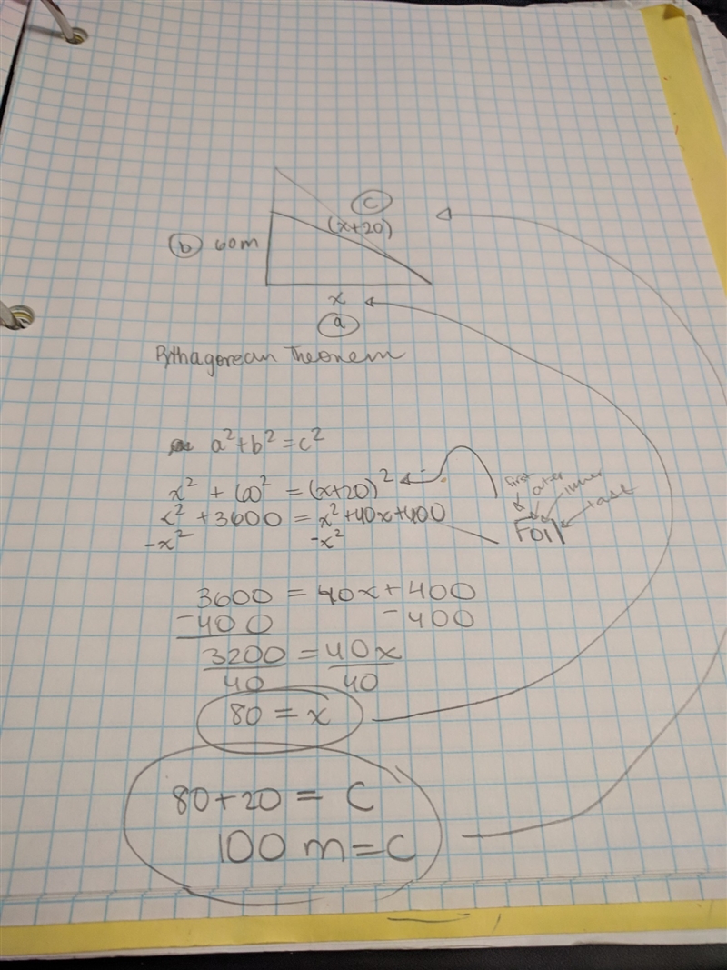 A lot is in the shape of a triangle. The shorter leg measures 60 m. The hypotenuse-example-1