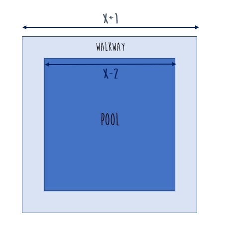 a square swimming pool is surrounded by a cement walkway with a uniform width.The-example-1