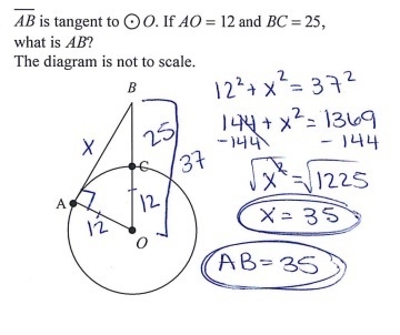 AB is tangent to O. If AO=12 and BC=25 what is AB ? The diagram is not to scale.-example-1