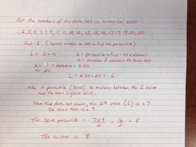 Find the value of the 30th percentile of the following set of data. 18, 9, 7, 5, 11, 7, 17, 20, 19, 2, 17, 12, 5, 1, 13, 12, 11, 15, 16, 20-example-1