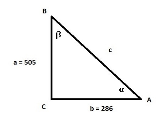 A right triangle (triangle 1) has measurements of a = 505 mm and b = 286 mm. What-example-1