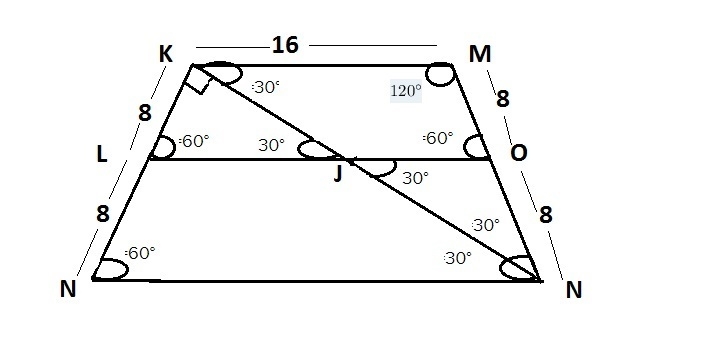 Given: MNOK is a trapezoid, MN=OK, m∠M=60°, NK ⊥ MN , MK=16cm Find: The midsegment-example-1