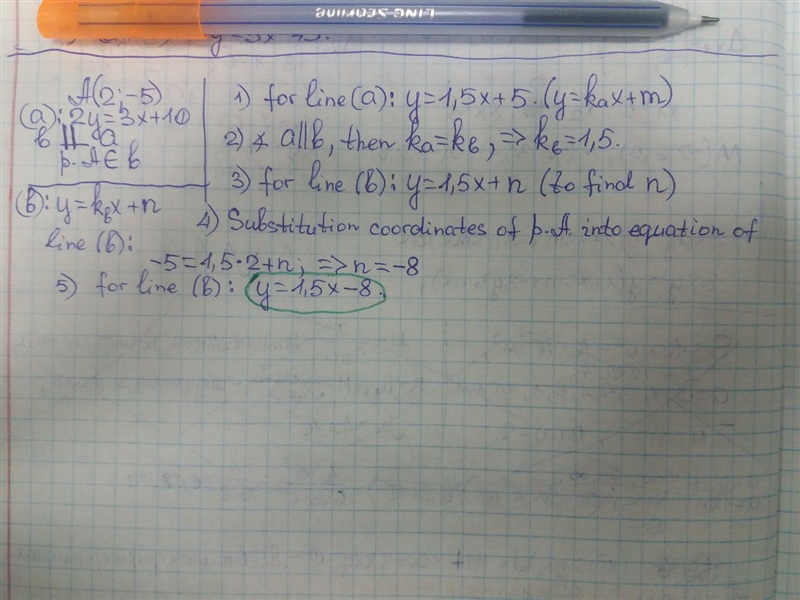 Write an equation of the line that passes through (2,−5) and is parallel to the line-example-1